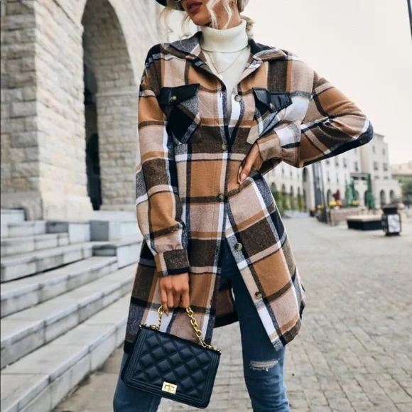 Cozy Plaid Print Button Up Oversized LIGHT Jacket Shacket Top - Picture 5 of 7